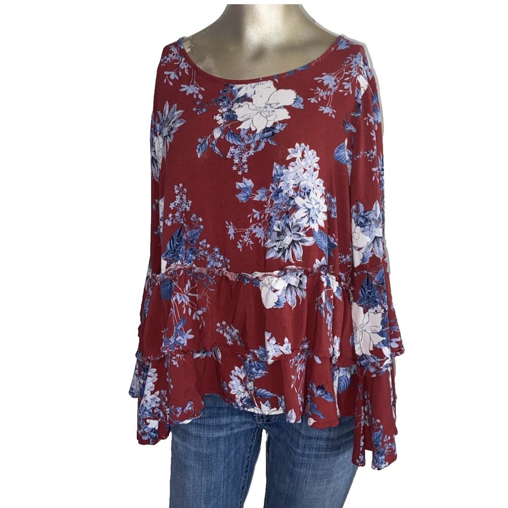 Altar'd State Women's Size Large Red Floral Ruffle Blouse Bell Sleeve Festival